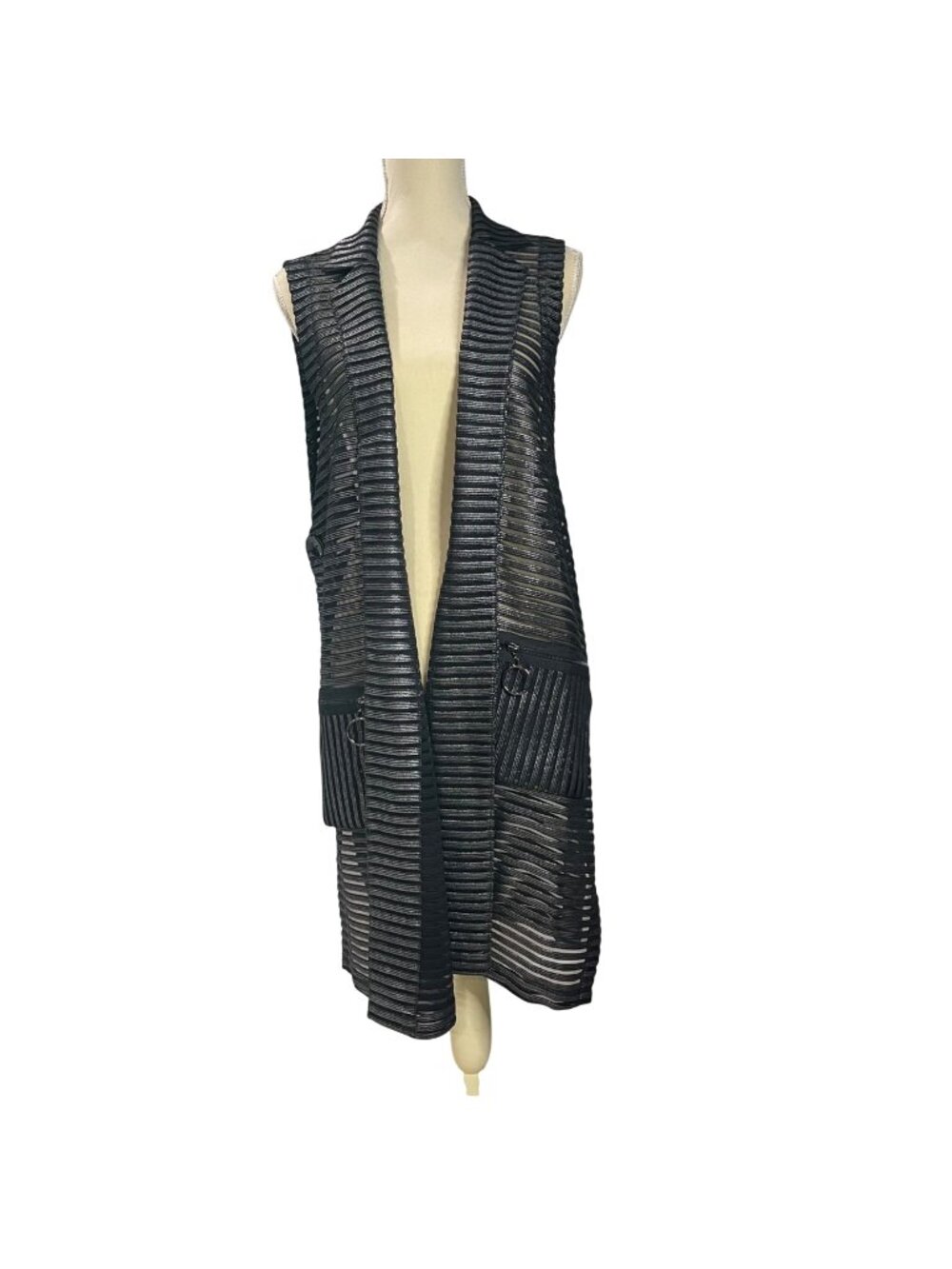IC by Connie K Sleeveless Duster Vest Women's Size XXL Edgy Sheer Metallic Black